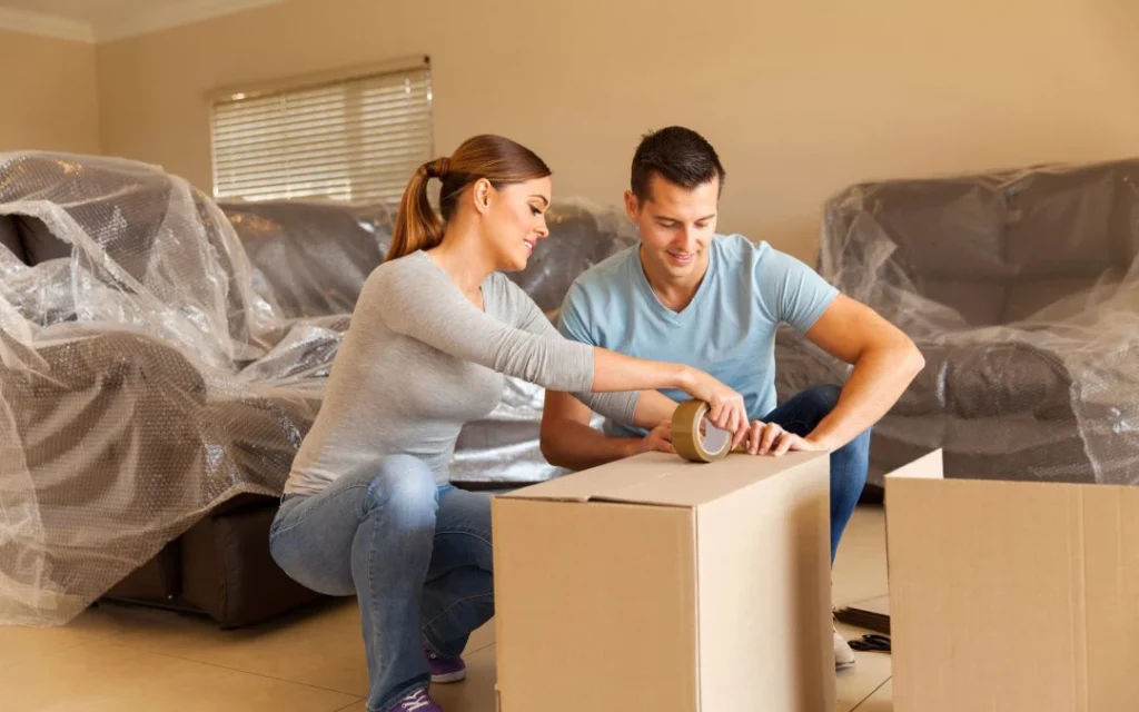 Couple Packing and Labeling Moving Boxes